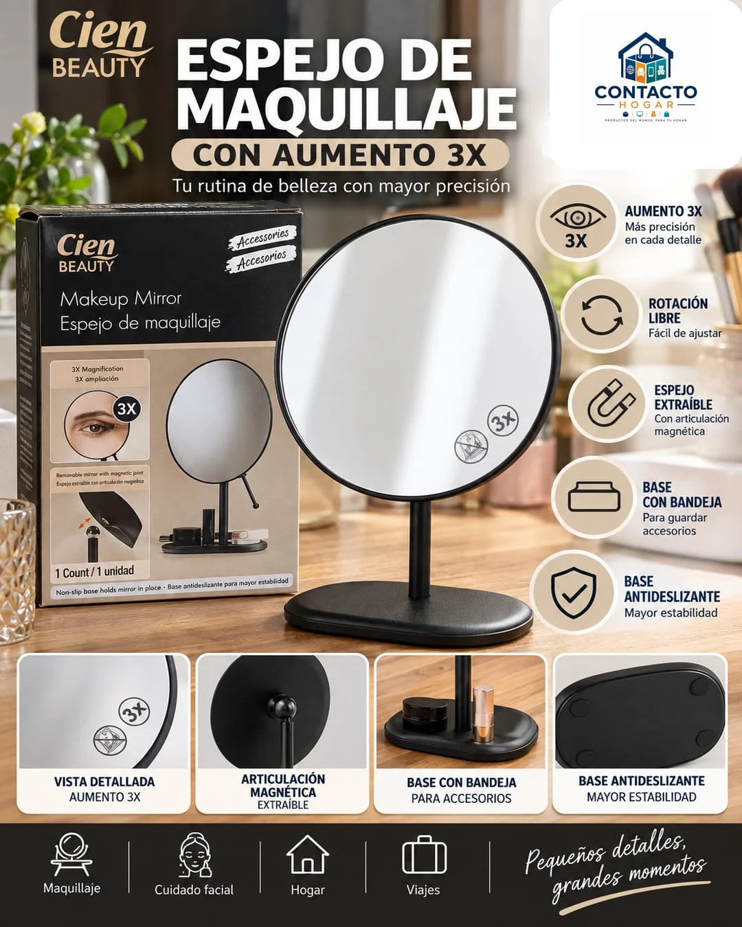Espejo de maquillaje con aumento