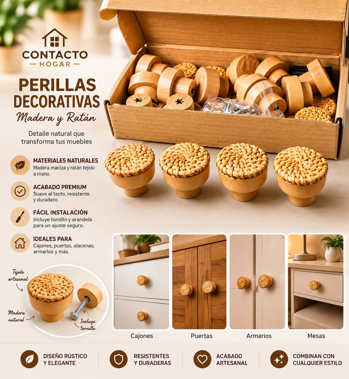Perillas decorativas de madera y ratán para muebles