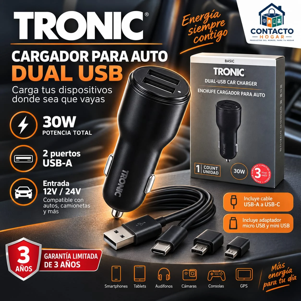 Cargador para auto dual USB