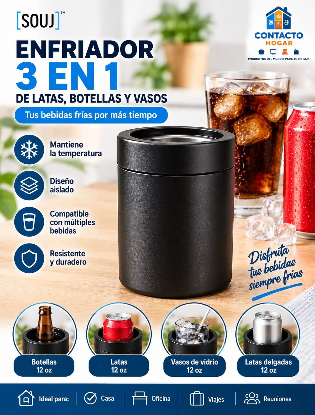 Enfriador 3 en 1 para latas, botellas y vasos