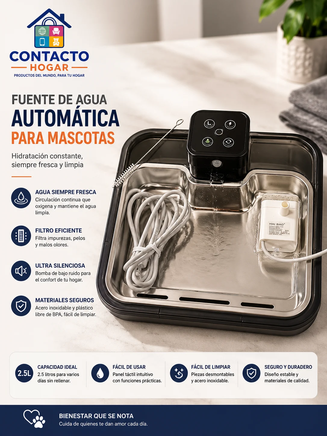 Bebedero automático de acero inoxidable para mascotas