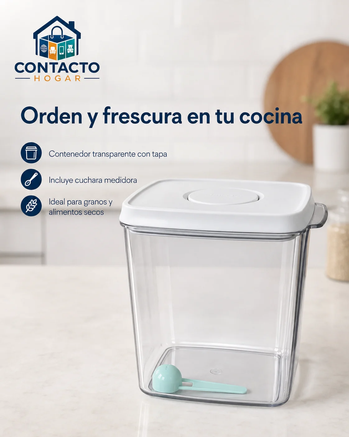 Contenedor hermético transparente con cuchara medidora