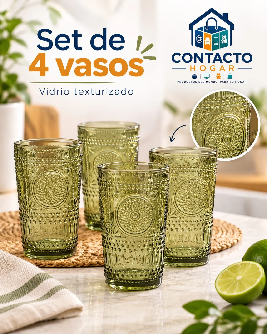 Vasos altos de vidrio verde con diseño en relieve