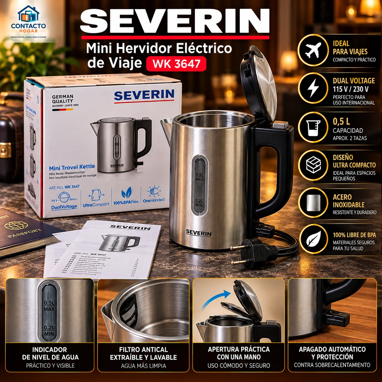 Mini Hervidor Eléctrico de Viaje Severin WK 3647