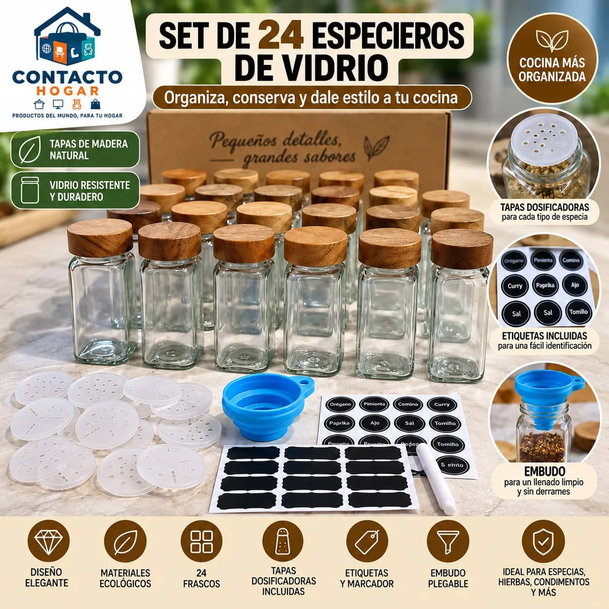 Frascos de vidrio para especias con tapa de bambú