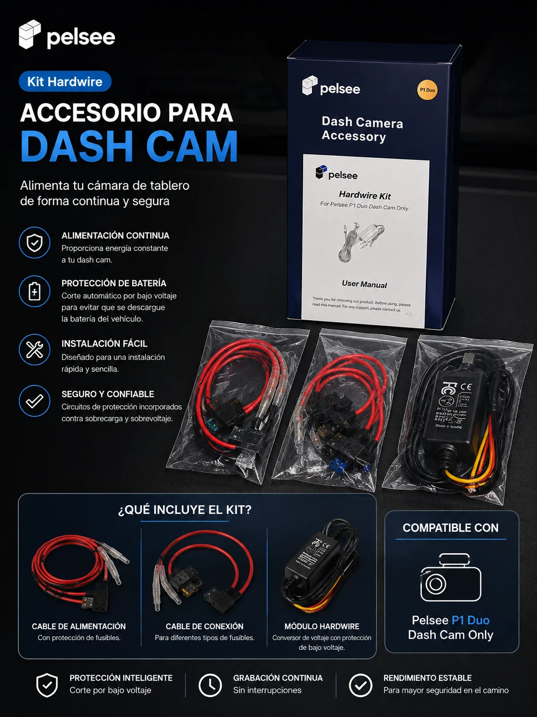 Kit de cableado Pelsee para dash cam